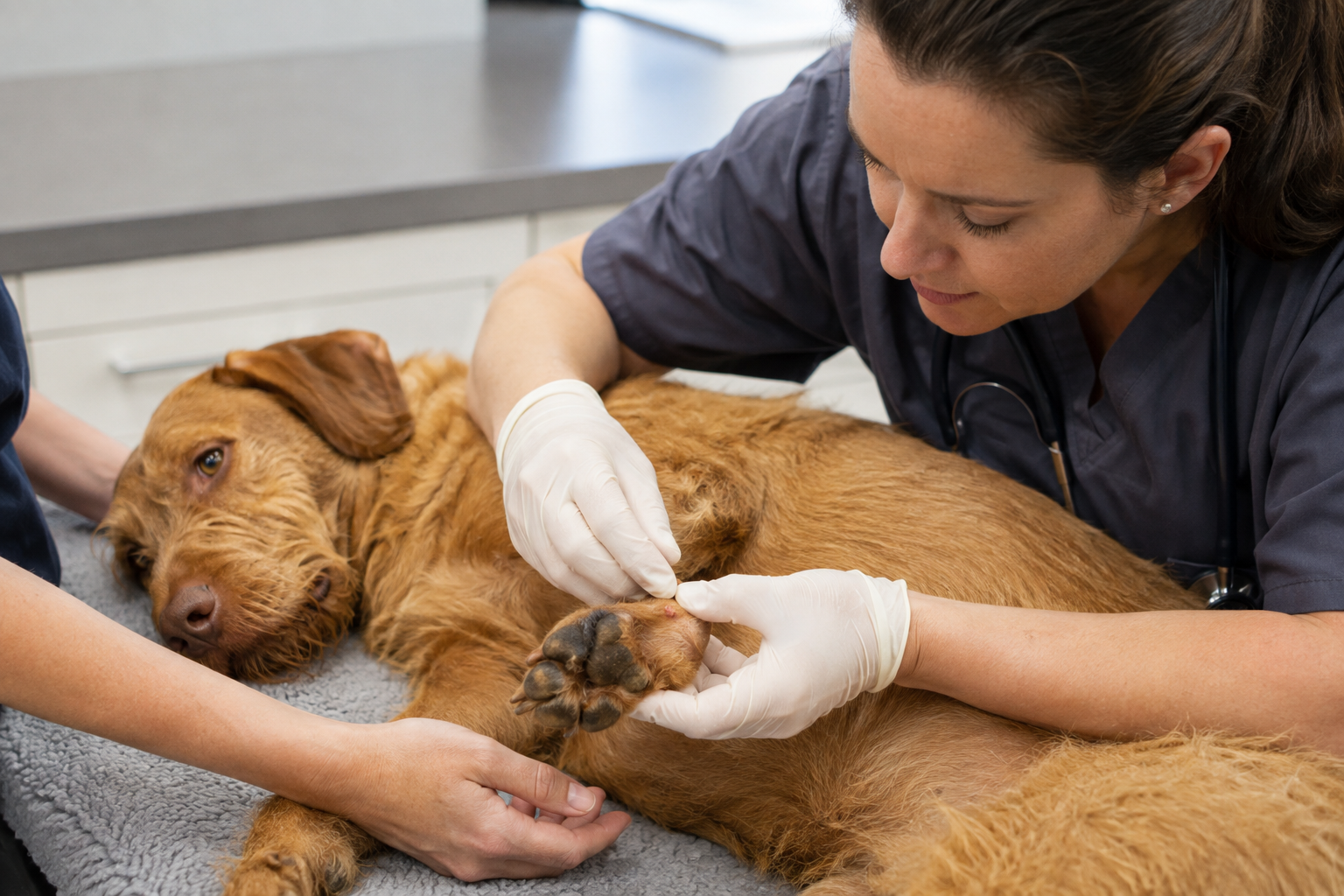 Veterinář kontroluje poraněnou tlapku psa kvůli riziku tetanu